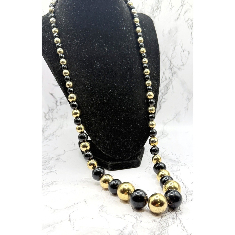 Black Gold Beaded Necklace Long 29" Graduated Statement Chain 8-18mm beads